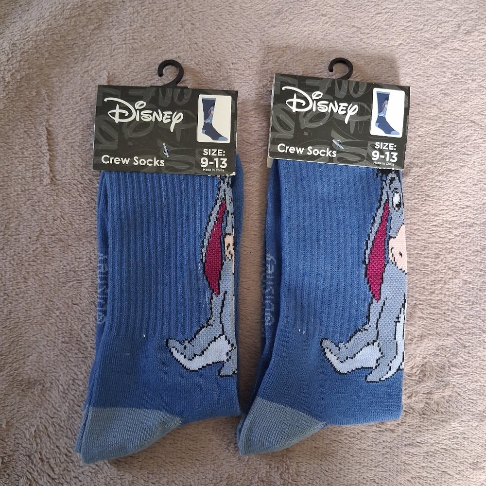 🆕Disney 2 Pair Eeyore Winnie The Pooh Crew Socks Fits Adult Shoe Size 9-13